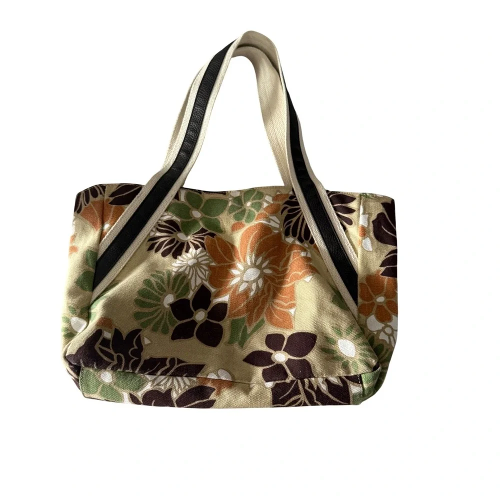 Retro Y2k Hawaiian Floral‎ Canvas Tote Bag Earthy Brown 70s Style Shoulder Bag